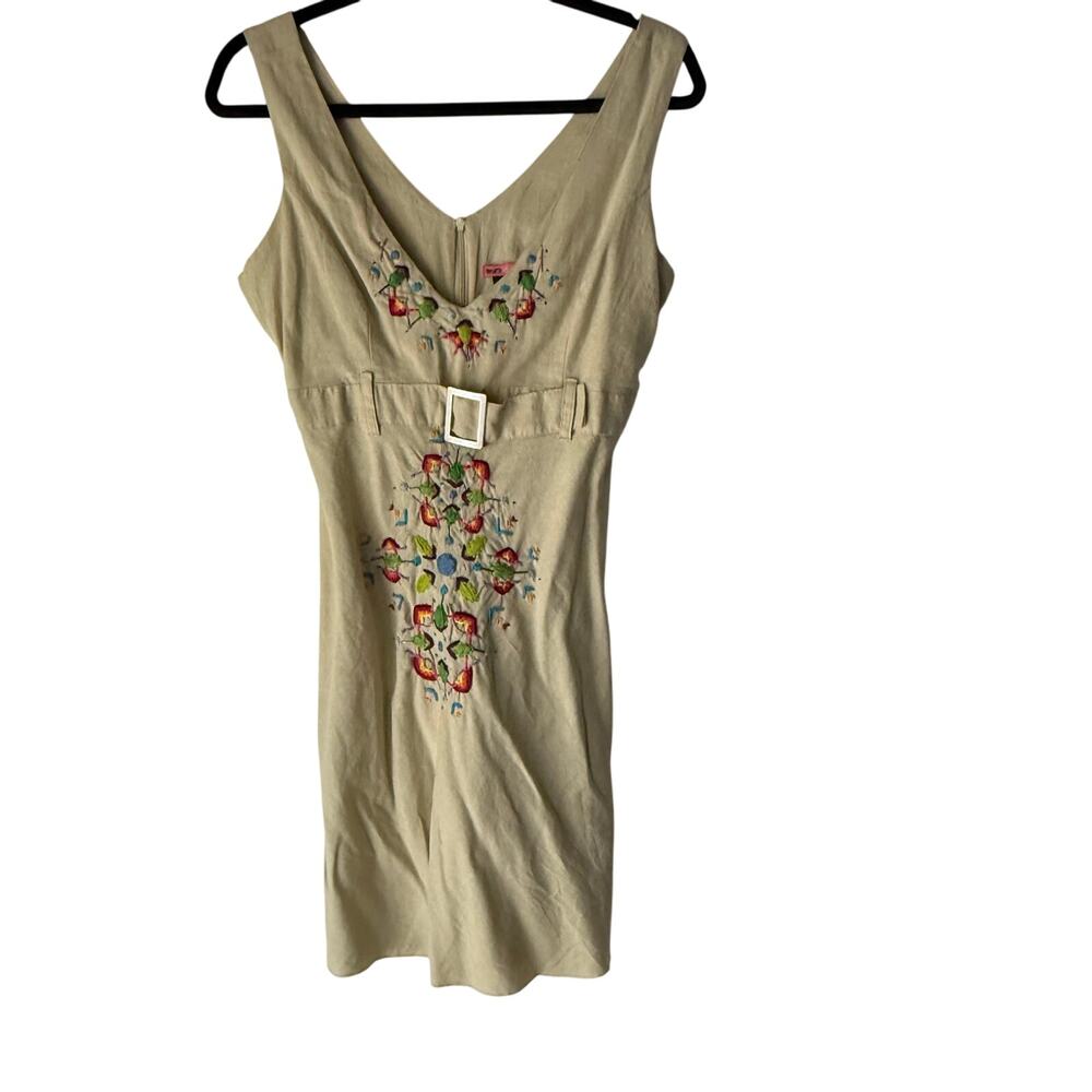 Y2K Max Rave Beige Linen Mini Dress S Embroidered Floral Cottage Festival‎